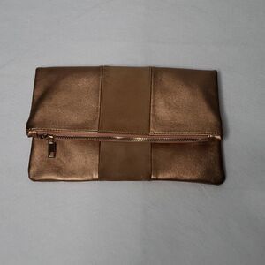 BP Nordstrom Metallic Fold Over Zip Clutch Bronze Faux Leather Evening Bag OS